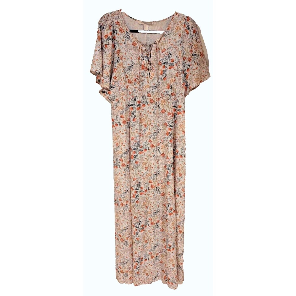 Forever 21 Contemporary Floral Boho Maxi Dress Lace Up‎ Flutter Sleeve Cream L